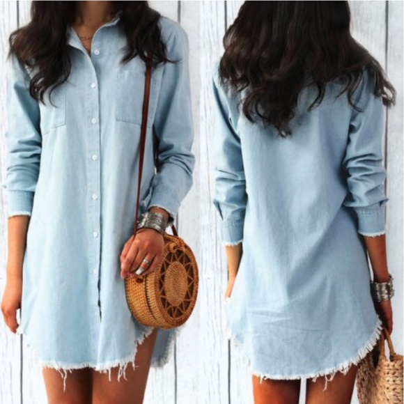 Solid Light Blue Frayed Hem Button Down Long Sleeve Dress